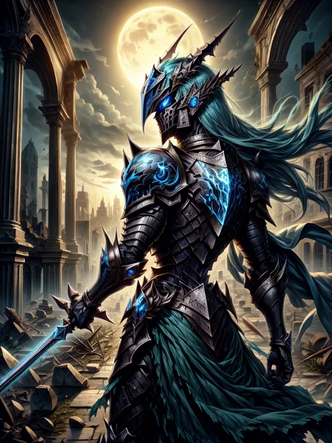 knight of darkness bright cyan blue eyes in mask with ruins in the moonlight background