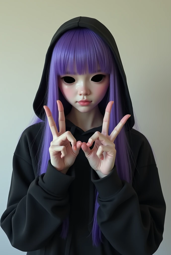 (full-length photo:1.6), (Masterpiece, photorealistic, photorealism, best quality, ultra-detailed:1.3), (nice hands, perfect hands), official art, cinematic light, (1girl:1.3), adult, very long purple straight hair with straight bangs, completely black eye...