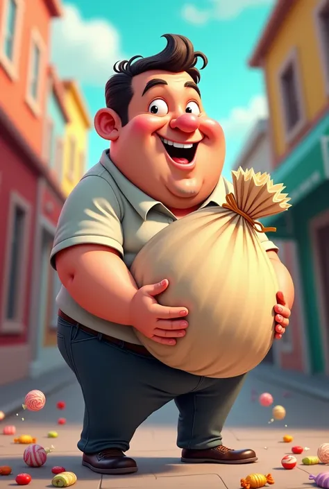 a man in a short sleeve shirt and black pants holds a large bag of candies. Cartoon style. Caricature