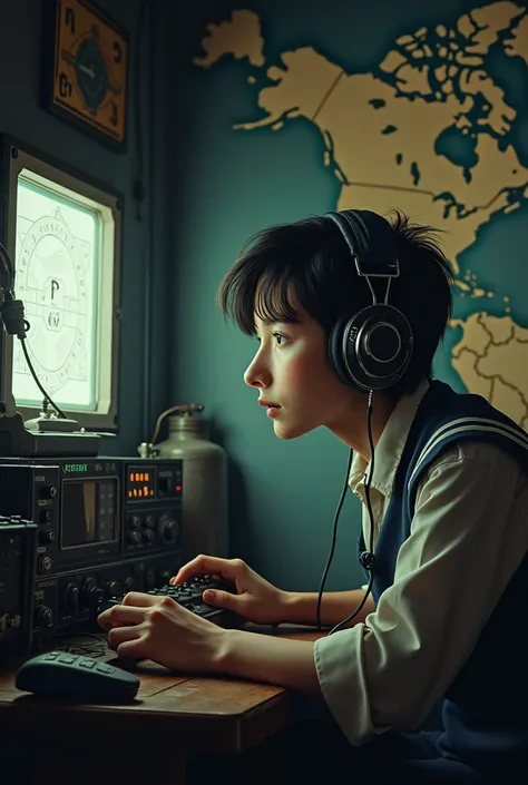 "A radio room filled with old equipment, a Navy operator with headphones, eyes wide in concern, listening to a crackling radio transmission. The background shows maps of the Atlantic Ocean."
