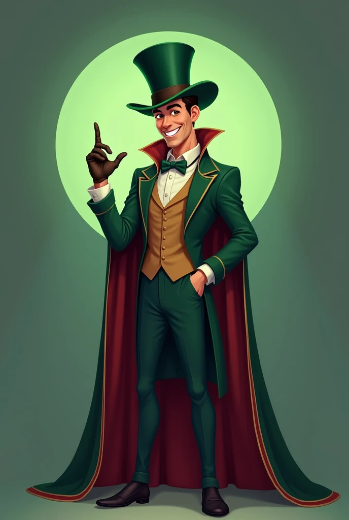 a cartoon magician with a top hat and cape on his head, digital art inspired by Max Magnus Norman, trending on pixabay, digital art, muscular magician man, attractive magician man, skinny male magician, suit vest and top hat and gloves, he is wearing a top...