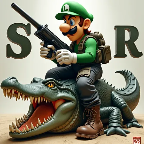 Caquette de luigi de mario sur un crocodile, un air mechant, portant une tenue militaire avec une arme et un texte s 2 R 
