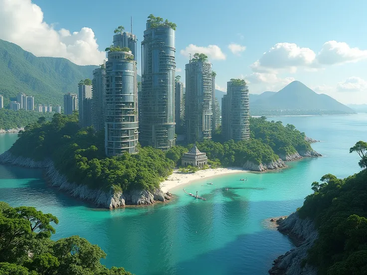 The island is very beautiful, filled with high-rise buildings.
It is far away.
But some of the apartments have been destroyed.
Please make this into an image.