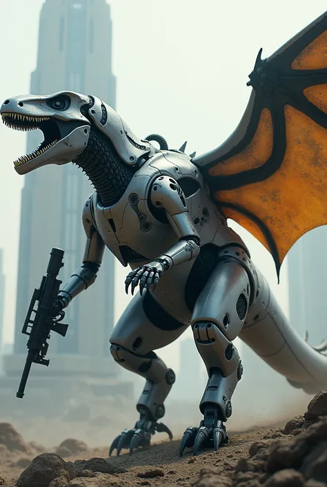 The dinosaur robot has wings, has its right arm as a rifle.