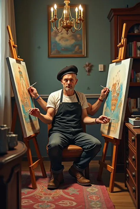  Russian apartment with a carpet on the wall ,  and in the center sits a multi-armed artist wearing a beret, painting three paintings at once 