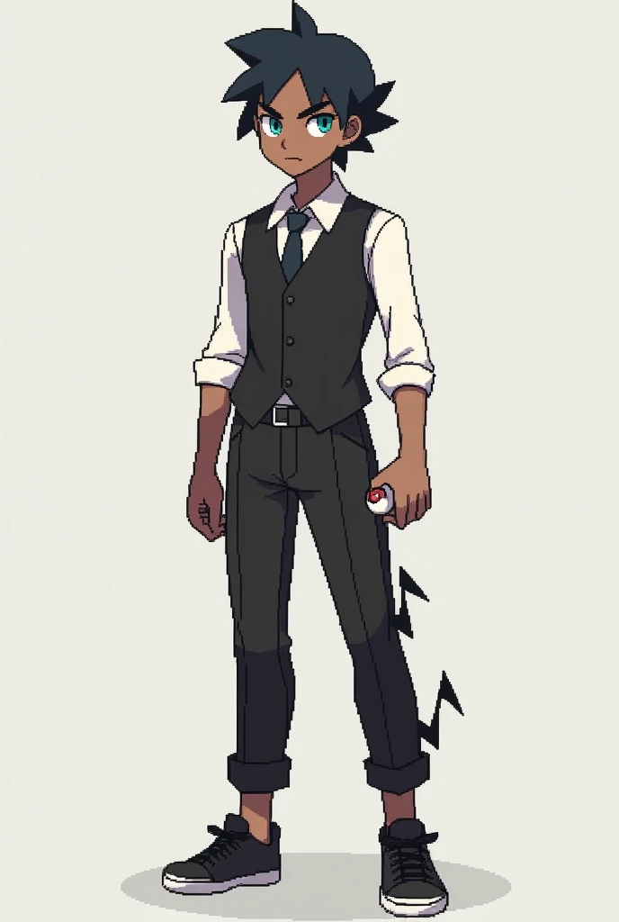  Make the coat have black thunder details on it , young adult,  in the style of the game : Pokemon X e Y, following the following instructions . Do it on a neutral, full-bodied background.  Make him have brown skin .  Make the character with dark hair . Ma...