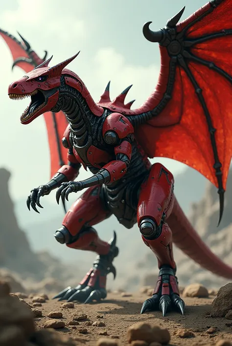 The winged red dinosaur robot has a right arm like a sword