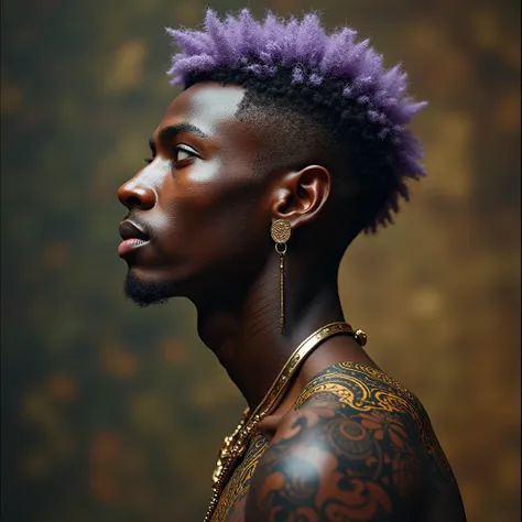 An African young strong strong warrior with silver-purple short hair with sidecut with a tribal mandala tattoo in gold on the neck and back with black forearms and a golden nasal septum ring and his spirit flies around