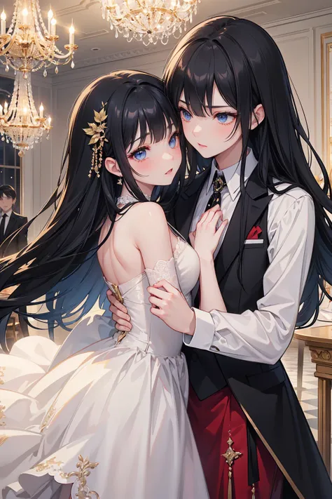 in a ballroom with sparkling chandeliers、 A girl with long black hair and blue eyes appears.、 invite another girl to dance 。
 Two girls are attracted to each other 。  A girl with long black hair ，Gorgeous Bride ，Jewels sparkle 。
 Another girl with long mar...