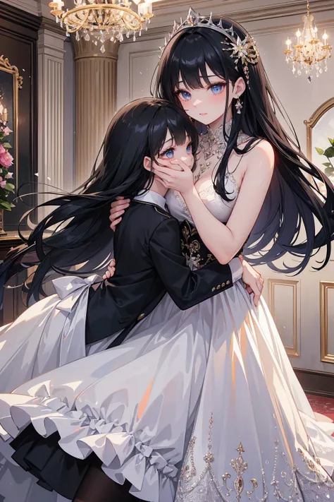 in a ballroom with sparkling chandeliers、 A girl with long black hair and blue eyes appears.、 invite another girl to dance 。
 Two girls are attracted to each other 。  A girl with long black hair ，Gorgeous Bride ，Jewels sparkle 。
 Another girl with long mar...