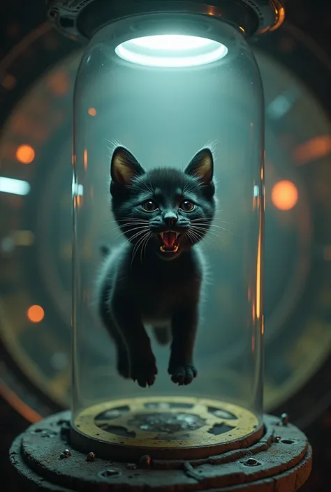 Black kitten inside a flying saucer above him, evil aliens are experimenting. The kitten cries a lot 