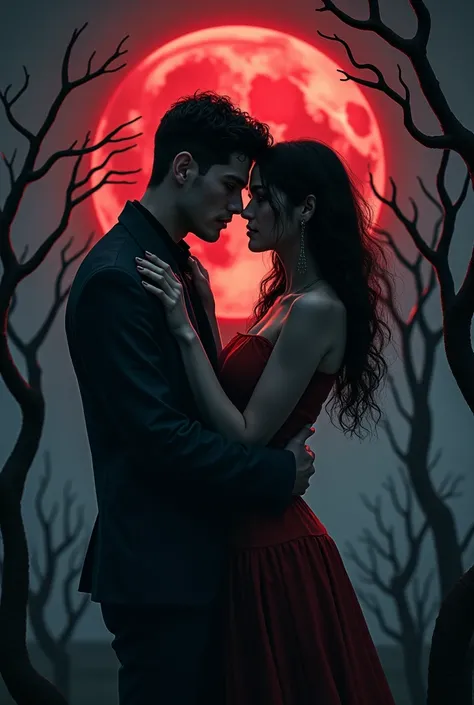 Couple hugs, a beautiful women smilling like killer, in background horror night moon and tree, horror image 