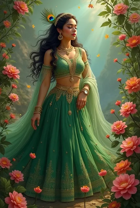 Radha rani hindu goddess wearing a green lengha and a beautiful peacock feather in her hairs, close eyes and flowers in her hairs, beautiful flowers in background 