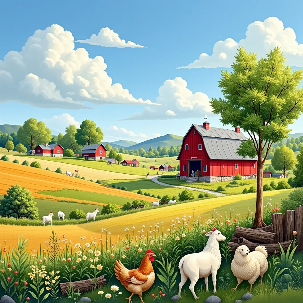 Imagine an idyllic rural setting. In this setting, there lies a large distinct red barn, its rafters peeking just above a surrounding hedge of verdant, sunlit trees. Adjacent to the barn, vast fields stretch into the horizon, presenting a variegated patchw...