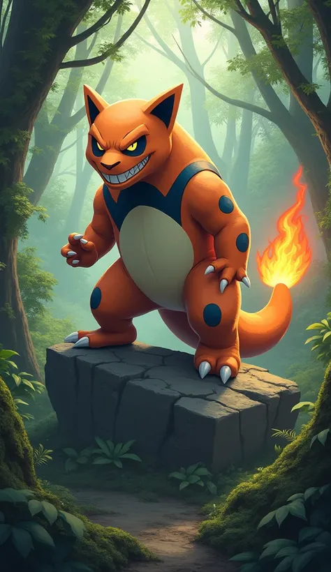 In the heart of a dense jungle, a powerful and surreal scene unfolds. A panda, but with the complete appearance of Charmander, stands on top of a giant stone, exuding pure anger. Its fur is bright orange with patches of dark blue spots, mirroring Charmande...