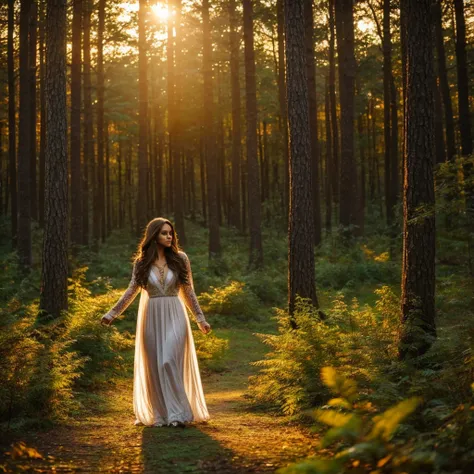 Beautiful mystical woman with brown hair, in a beautiful forest enjoying the sunset  