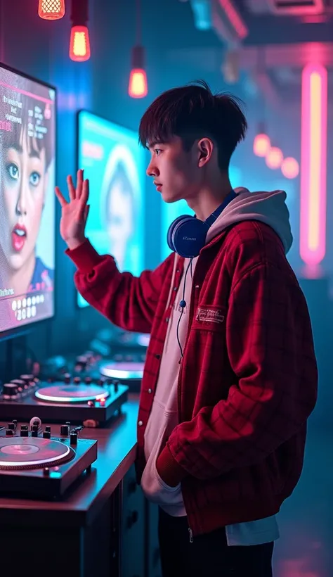 Cinematic shots of futuristic nightclub with advanced artificial intelligence technology for the entertainment of the people inside . This disco is full of holographic screens and turntable environments and DJ buttons . A handsome boy s a of Chinese origin...