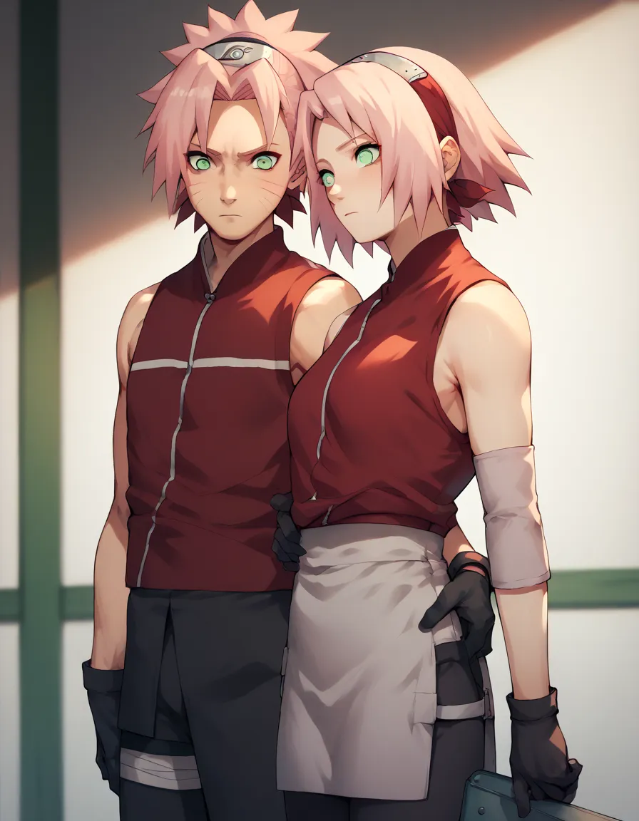 sakura haruno from shippuden green eyes, short pink hair, black gloves, short gray skirt, red sleeveless shirt, and tight black ...