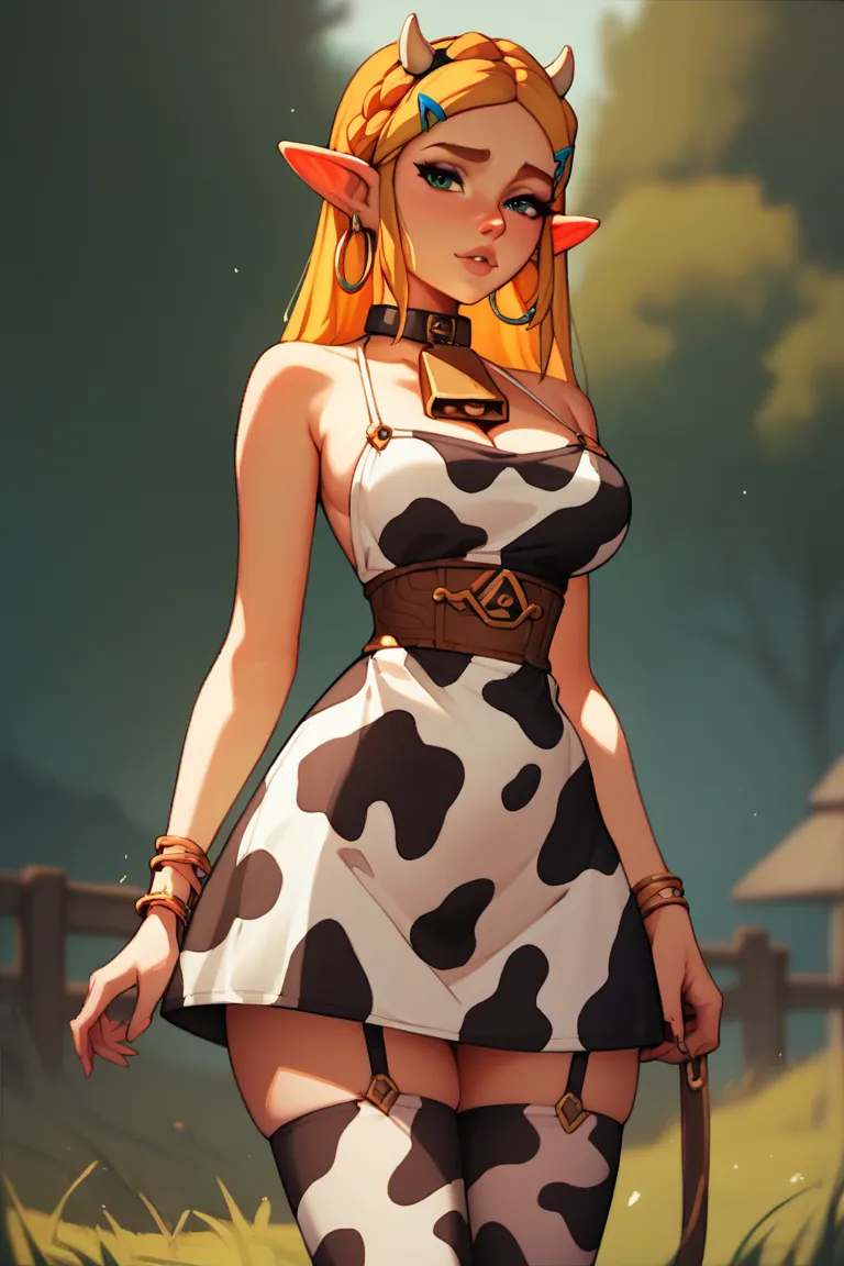 zelda, hoop earrings, bracelets, ankle straps, ((cowprint dress)), ((cowprint stockings))