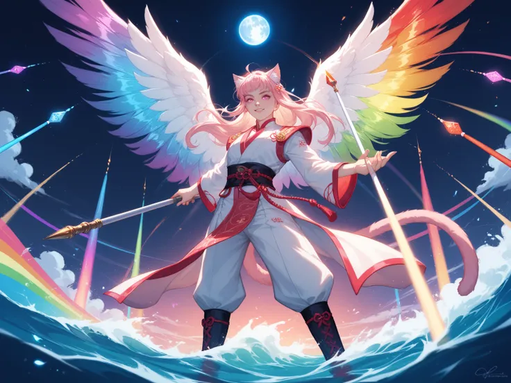 The protagonist, Putrinexel, is a tall and handsome young man with medium-long blond hair, cat ears, pink eyes, and a dim divine spear with a cats tail, dressed in the costume of a Chinese martial artist. Color light painting, in the style of dreamy style,...