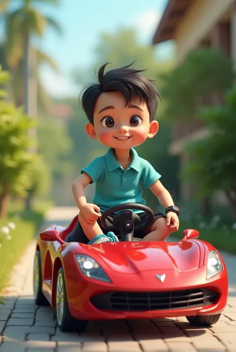  from Indonesia, s, Short hair, wearing a light turquoise blue shirt, wearing black shorts, sneakers. Wearing a watch. Posing facing the camera. While riding a red metallic toy car. From his face he looks happy and cool. The background of the front yard of...