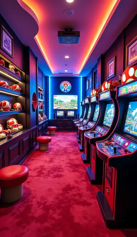 A fully immersive game room features custom-built arcade machines, including classic Mario Kart and Super Mario Bros games, seamlessly integrated into a futuristic lounge. The walls are lined with shelves holding Mario figurines, Mario Kart memorabilia, an...