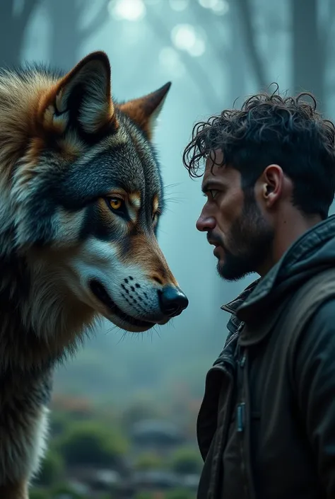  wolf face to face with man