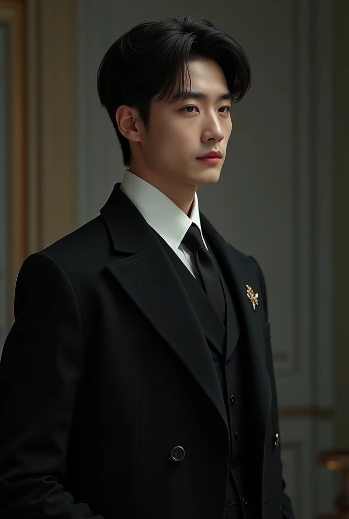 The lonely emperor wears a European suit and has a Korean face. He is young and handsome No mustache and no European mansion interior background No beard Black tie