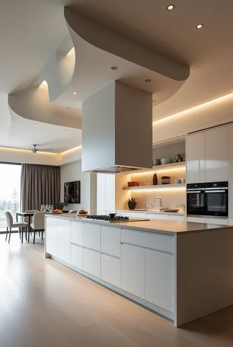  Modern kitchen with recessions in the roof and the kitchen hood attached to the roof in the center of the kitchen with peninsula.Lowings with simple wave 

