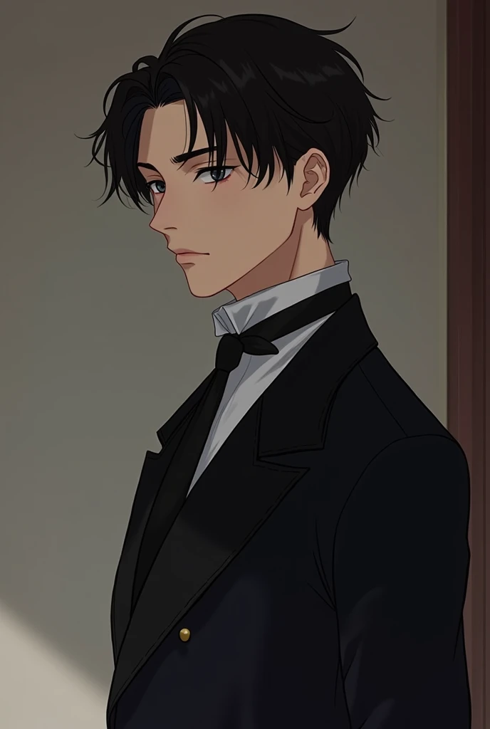 The lonely emperor wears a European suit and has a Korean face. He is young and handsome No mustache and no European mansion interior background No beard Black tie Anime style images