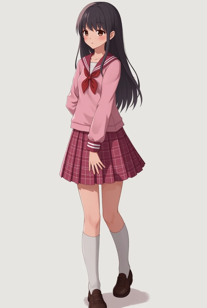 Realistic female student in pink plaid uniform,Looking straight ahead, standing、whole body,16:9,
