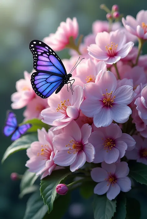 Cherry blossom bouquet with purple morpho butterflies 