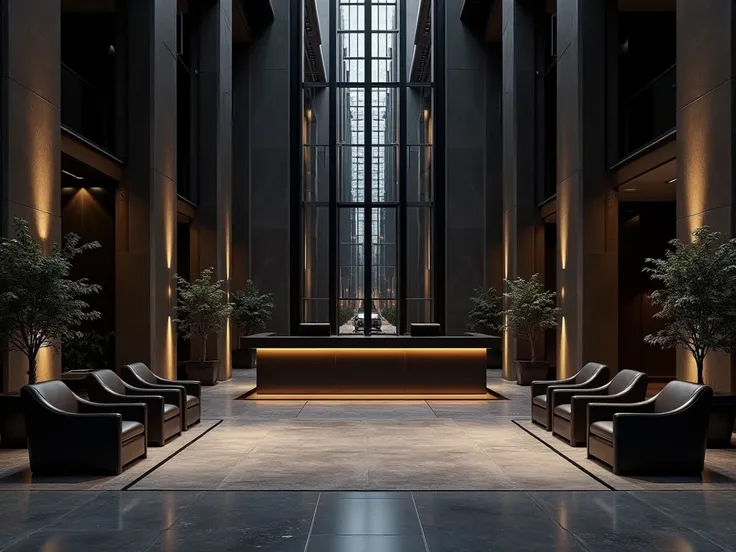 Huge reception area of a building with some black armchairs,  black counter and dark windows in the background , everything luxurious 