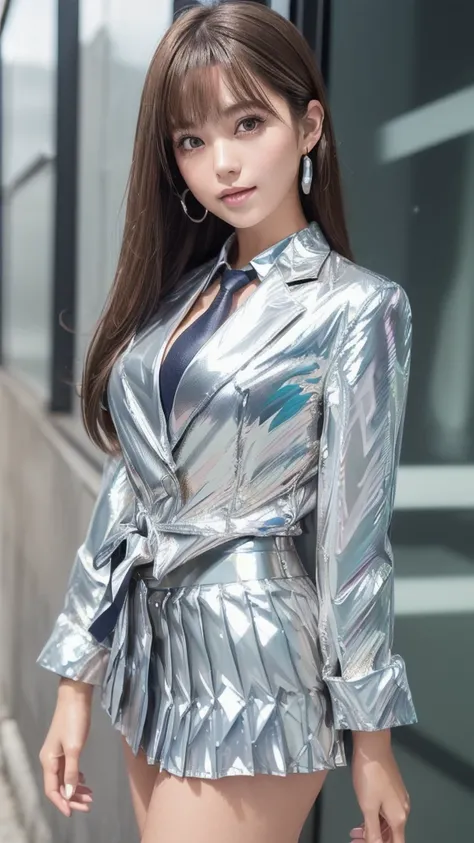 masterpiece,   best quality,   super beautiful young Japanese woman   ,(6.),student,smile,   COWBOY SHOOTING ,Daytime,( silver futuristic building background  :1.3), 
(   super shiny metallic color blazer   :1.5),
(   super shiny metallic colored shirt （re...