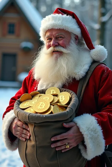 take a realistic photo of Santa Claus with a bag full of bitcoins, and make the photograph format landscape