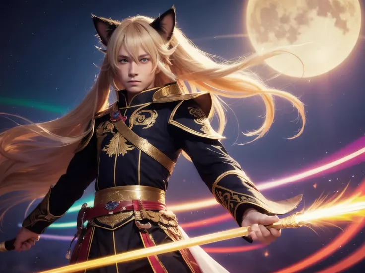 The protagonist, Putrinexel, is a tall and handsome young man with medium-long blond hair, cat ears, pink eyes, and a dim divine spear with a cats tail, dressed in the costume of a Chinese martial artist. Color light painting, in the style of dreamy style,...