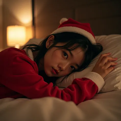 young beautiful japanese woman lying on the bed, with her back on the bed, back of her head on the pillow, wearing Santa Cosplay Pajamas, looking seductively and ready to engage in sexual behavior, ultra realistic, 8k, nighttime hotel room, looking into my...