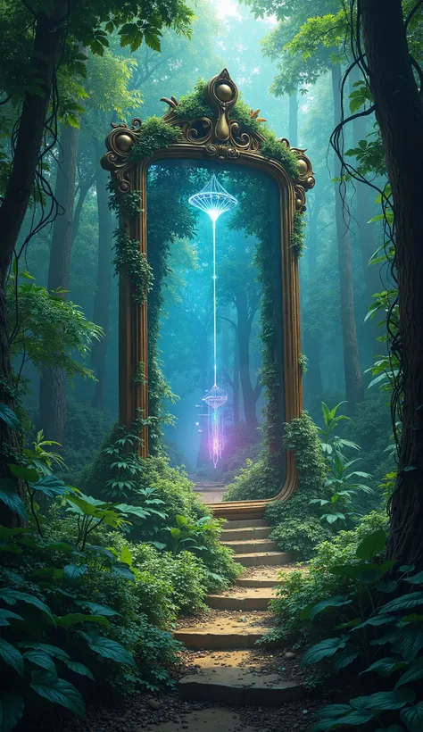 Here is the detailed prompt used for the image:

"A mysterious and enchanting jungle scene with dense, vibrant greenery, towering trees, and a magical, enormous mirror (darpan) standing upright in the middle of the Jungle. The mirror reflects an alternate,...