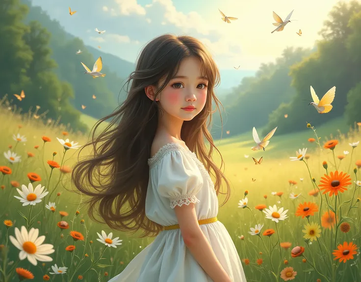 a pastoral idyll, 1 girl in a lush green meadow, surrounded by wildflowers, butterflies and birds, serene expression, flowing white dress, long hair blowing in the wind, high detailed face, beautiful detailed eyes, beautiful detailed lips, soft natural lig...