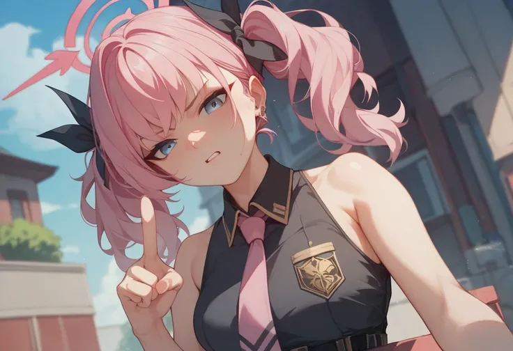 One pink haired girl 、Twin tails with straight hair、 is staring、 black sleeveless shirt、 Pink Neckties 、 Blue Archive、Hands pointing towards me、During combat、sense of urgency、Dark atmosphere、 excitement 、Film angle 、 High Quality