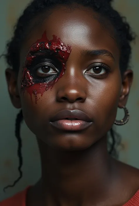 A sad beautiful African lady with  a very swollen eye, stitched wounded cheek, broken tooth and bruised stitched lip