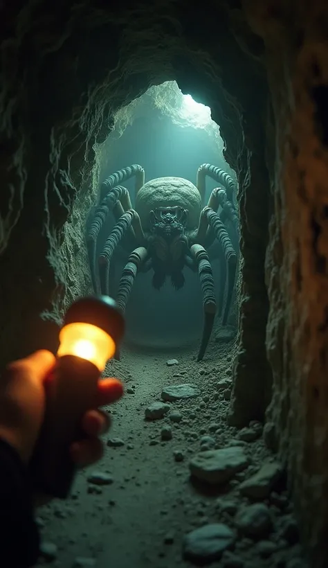 There is a spider-like creature in a very small space. A hand holding a flashlight is painted in the foreground of the screen. A snake-chimera spider with a unique dog face, the likes of which I have never seen before. Narrow cave of an old abandoned facil...