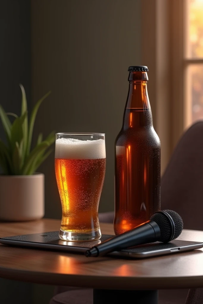 A bottle of beer ,  a glass of beer and a microphone on a tablet 
