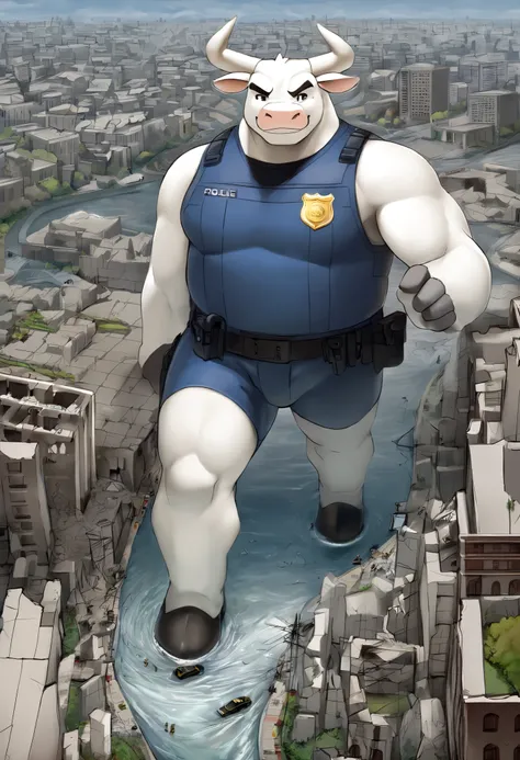 White bull  ，   personification  ，mature man，strong men  ，  Honest expression  ，   friendly smile  ，    black eyebrows   ， workwear , police uniform，  standing in a flooded city,  Save a small   , Full body image 。, (Massiv:3.0, (   heavyweight,stark,Macro...