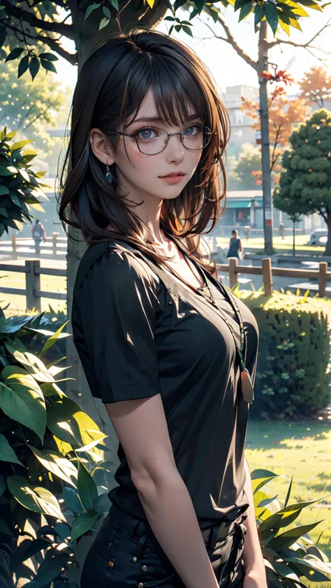 punk girl with glasses and a black shirt, blurred green grass and trees in the background々,  short brown hair ,  detailed face ,...