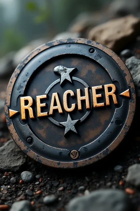 Un emblème rond avec écrit reacher en relief  avec en fond reacher 