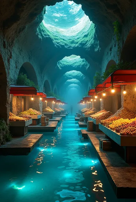  An underground area accessed by a hidden staircase in Praça das Conchas . The market is illuminated by luxurious phosphorescent algae on the ceiling ,  and merchants set up their stalls on floating platforms in a network of crystal clear water channels.