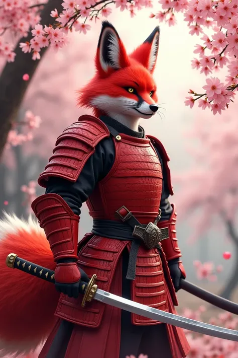 Picture a sleek samurai fox with bright red armor. It wields a katana and stands gracefully under cherry blossom trees, ready to defend its honor.