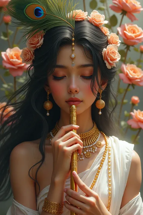 Radha rani hindu goddess face wearing a white lengha and a beautiful peacock feather in her hairs withflowers and jewellery, close eyes and a flute on her lips beautiful flowers in background 