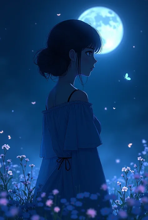  Create a Profile photo with a mystery girl from behind, in blue colors , avec des myosotis et des papillons en style animation japonaise. The photo must be at night and dark